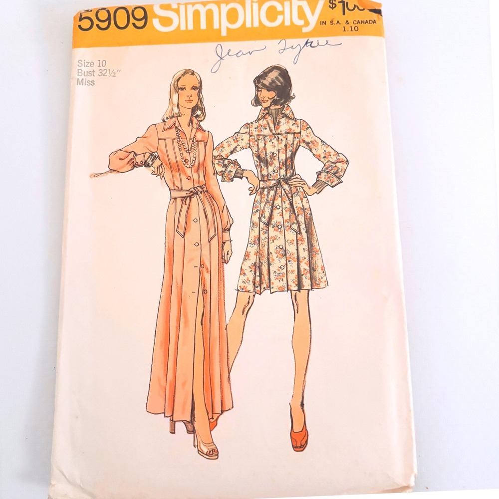 Simplicity 5909 Soft Tailored Pleated Shirt Dress Sz 10 Vtg 70s Cut Complete